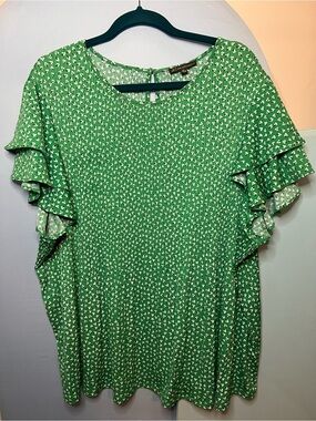 Adrianna Papell | Green Floral Ruffle Sleeve Blouse | Size 3X
